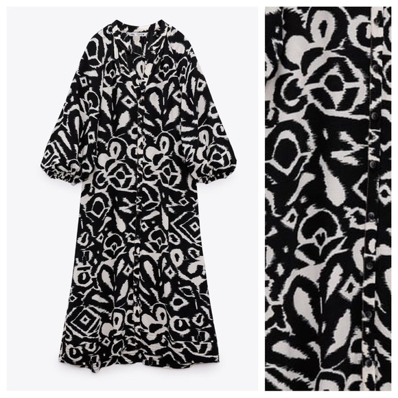 NWOT Zara Navy Blue/White Printed Midi Dress with Decorative Stitch. Size S. - Picture 6 of 10